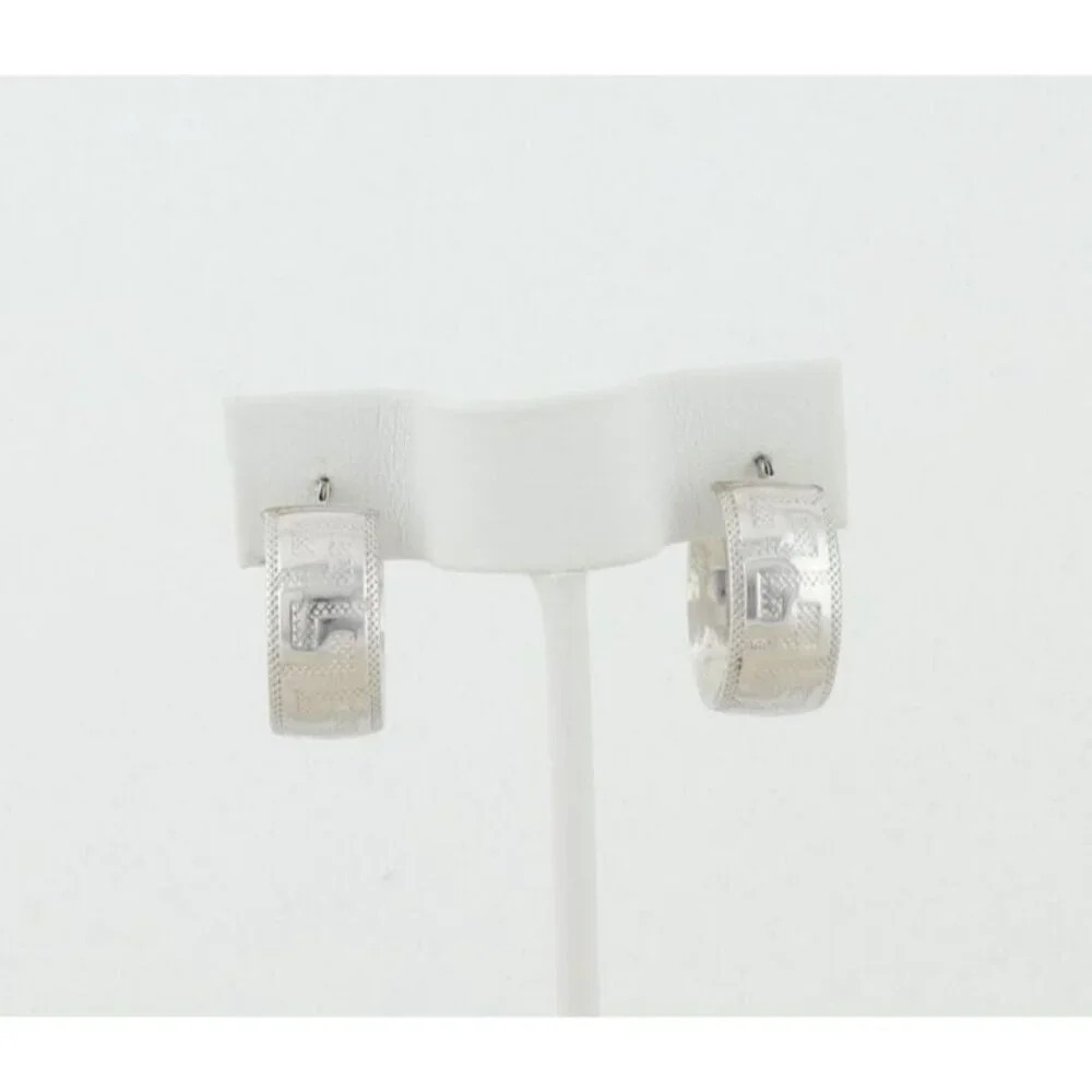 14k White Gold Hollow Lightweight Greek Key Hoop Earrings 3/4" Hoops - Picture 5 of 7